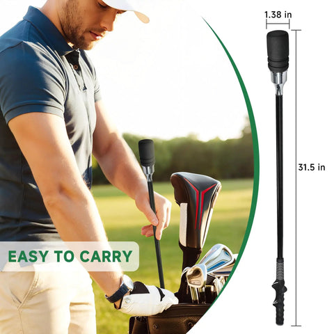 Man placing Click Stick Golf Swing Training Aid With Arm Band And Wrist Strap into golf bag on field