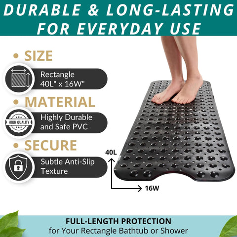 Extra Long Non Slip Bath Mat With Built Tough Suction Cups That Hold Fast On Wet Tub And Shower Floors Heavy Duty Anti Skid Safety Runner Strip In Matte Black 40X16 with anti-slip texture and PVC material.