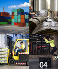 Four-panel collage: shipping containers, metal barrels, forklift, and a person jumping near a numbered box.