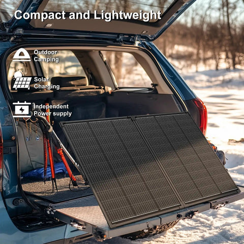 200 Watt Foldable Solar Panel Kit Delivering Top Shelf 23.5 Percent Efficiency And Ultra Light Tempered Glass tied on SUV for outdoor camping.