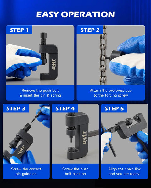 Easy operation steps for Motorcycle Chain Rivet Tool Kit 20 Piece Set With Blackened C Frame and Pre Press Cap