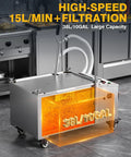 Heavy Duty Commercial Fryer Oil Filter Machine That Goes Hard With No Nonsense Five Layer Filtration For Top Tier Kitchen Cleaning And Smooth Operations 10 Gallon Tank showing a high-speed filtration system with 15L/min capacity.