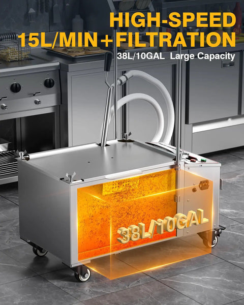 Heavy Duty Commercial Fryer Oil Filter Machine That Goes Hard With No Nonsense Five Layer Filtration For Top Tier Kitchen Cleaning And Smooth Operations 10 Gallon Tank showing a high-speed filtration system with 15L/min capacity.