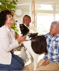 Family with dog enjoying time together in living room at home