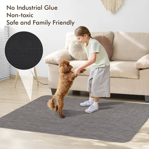 Anti Slip Office Chair Mat For Hardwood Floors 36 By 48 Inches with rattan pattern, shown in living room setting with child and dog.