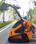 Side view of Tracked Mini Skid Steer Loader with Backhoe Attachment for Infrastructure Construction and Dock Loading on Urban Streets