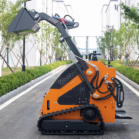 Side view of Tracked Mini Skid Steer Loader with Backhoe Attachment for Infrastructure Construction and Dock Loading on Urban Streets