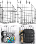 Two Pegboard Baskets Set With Hooks Large 12.4x7.5x12.8 Inches And Medium 11x5x12.6 Inches Includes Four 2 Inch Hooks For Garage Or Workshop Organization Black. Black wire baskets shown empty and with tools on pegboard.