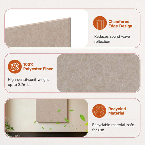 Oversized Self Adhesive Acoustic Wall Panels Made From Dense Polyester Fiber For Quiet Room Treatment And Bass Absorption Suitable For Home Studios Or Living Areas Delivers Premium Camel Color Paired With Quick Peel Stick Two Pack. Chamfered edge design detail of acoustic panel.