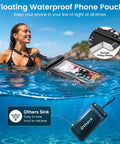 Woman swimming with IP68 Floating Waterproof Phone Pouch Two Pack Fits Up To 8.5 Inches with secure locking in clear blue water.