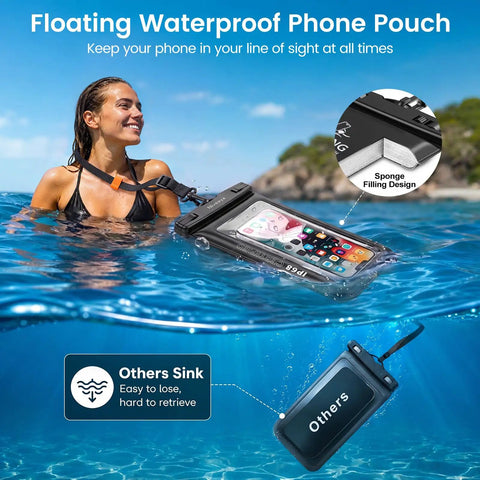 Woman swimming with IP68 Floating Waterproof Phone Pouch Two Pack Fits Up To 8.5 Inches with secure locking in clear blue water.