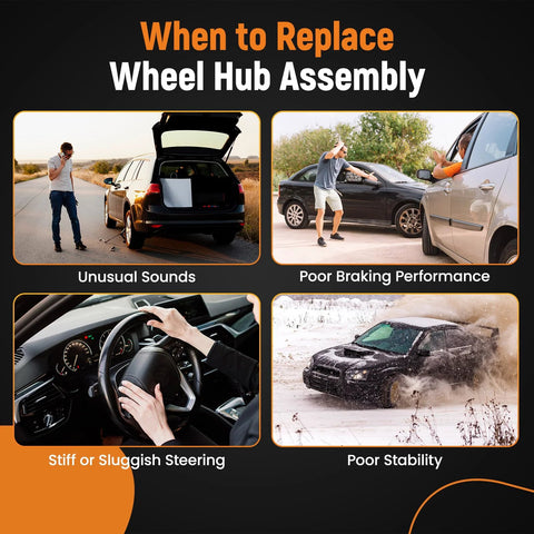 Image showing signs to replace wheel hub assembly: unusual sounds, poor braking performance, stiff steering, poor stability.