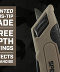 Self Retracting Box Cutter With Radius Tip Blade And Adjustable Depth, Dual Edge Guides For Quick Top Cuts, Includes Holster And Lanyard, Workhorse Ergonomic Safety Knife For Warehouse Cardboard Cutting, Built In Spare Blade Storage on tan handle, three depth settings