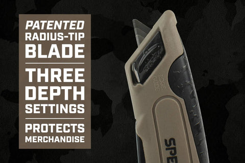 Self Retracting Box Cutter With Radius Tip Blade And Adjustable Depth, Dual Edge Guides For Quick Top Cuts, Includes Holster And Lanyard, Workhorse Ergonomic Safety Knife For Warehouse Cardboard Cutting, Built In Spare Blade Storage on tan handle, three depth settings
