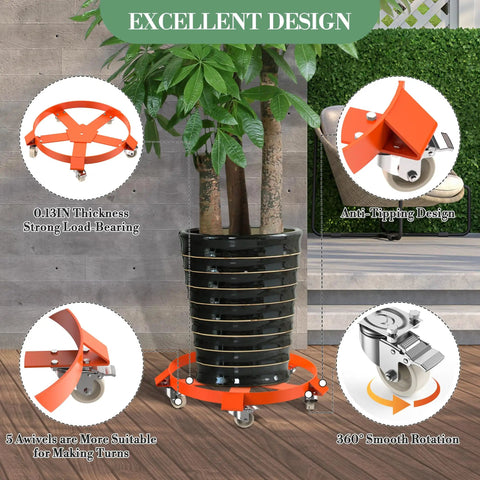 Heavy Duty 55 Gallon Drum Dolly Non Tipping With Steel Frame And Powder Coated Finish, 1,250 Lbs Capacity, Rust Resistant Cross Braces Prevent Warping, Industrial Drum Transport Tool with potted plant