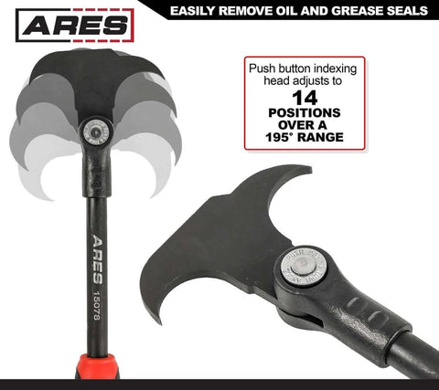 Indexing Seal Puller 12 Inch Length With Dual Hook Tips And 14 Locking Positions For Easy Oil And Grease Seal Removal On Cars, SUVs And Light Trucks, Built Tough Automotive Hand Tool For Quick Access And Safe Seal Extraction, showing adjustable head and dual hook tips.