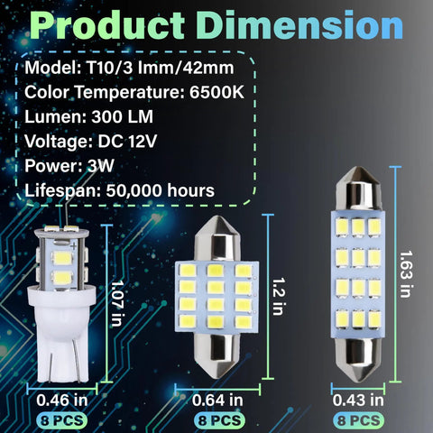 Dimensions of 24 Pcs Interior LED Dome Lights For Cars 194 T10 DE3175 31mm 42mm Kit Mega Bright White Long Lasting