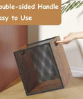 Dope Retro Industrial Office Trash Can With Iron And Wood Construction, Rectangular Wastebasket With Handle in use.
