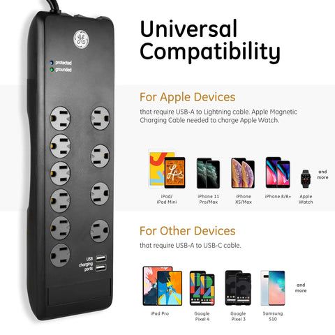 10 Outlet Surge Protector With 2 USB Ports, 6 Foot Cord, 3000 Joules, Flat Plug, Twist To Close Safety Covers, Power Filter, Circuit Breaker, UL Listed, Black next to compatible device list