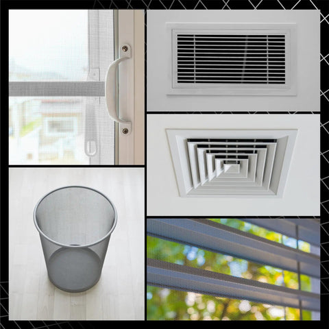 Collage of Six Pack 12x8 Inch Stainless Steel Wire Mesh Screens 20 Mesh Durable Rust Proof Easy To Cut With Smooth Edges on windows, vents, and filters