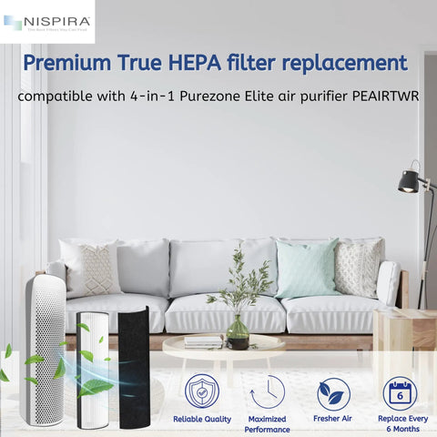 Living room with Pure Enrichment PureZone Elite 4-In-1 Tower Air Purifier PEAIRTWR beside 2-In-1 True HEPA Replacement Filter, 1 Pack