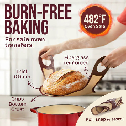 All In One Sourdough Starter Kit With 9 Inch Splinter Free Banneton Basket Nonstick Silicone Dough Sling in use with bread