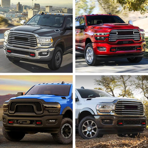 RAM 2500 3500 Front Tow Hook Covers Hitch Cover Custom Fit 2019 2026 Red Truck Ready Style Durable Front Bumper Tow Hook Cap Replacement Easy Install And Lasting Protection on various RAM trucks in different colors.