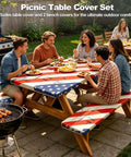 Group enjoying a meal using the Vintage American Flag Picnic Table Cover Set With Bench Covers, Waterproof 72 By 30 Inch Outdoor Tablecloth With Elastic Edges And Portable Storage Bag, 4 Piece For 250th Anniversary And 4th Of July, outdoors.