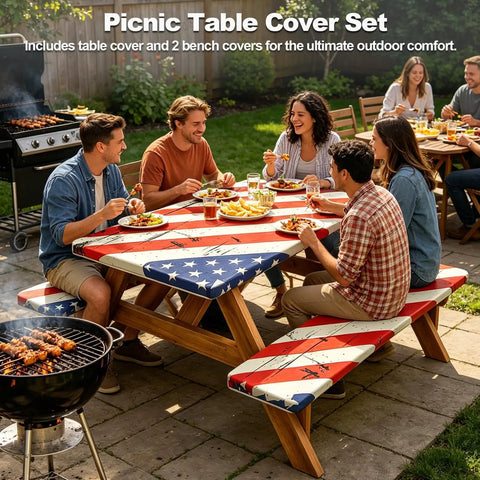 Group enjoying a meal using the Vintage American Flag Picnic Table Cover Set With Bench Covers, Waterproof 72 By 30 Inch Outdoor Tablecloth With Elastic Edges And Portable Storage Bag, 4 Piece For 250th Anniversary And 4th Of July, outdoors.
