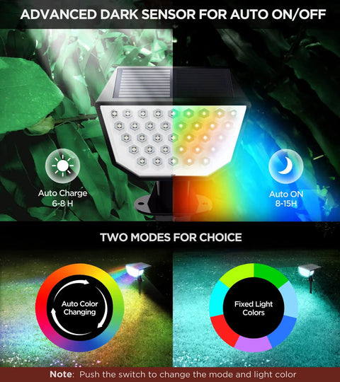 Multicolor Solar Spot Lights Outdoor With 47 LEDs 4 Sides Illuminants 300 Degree Beam IP67 Waterproof Solar Powered Garden Landscape Lights For Yard Path And Patio Vibes For Real with auto color changing and fixed light modes.
