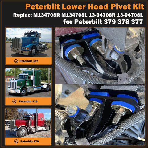 Lower Hood Pivot Kit With Hinge Bolts And Bushing Bracket For 377 378 379 Trucks Replacement with installed pivot views