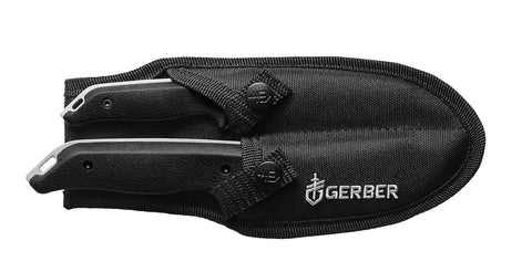 Field Dressing Kit With Gut Hook Knife And Small Caping Blade for Game Processing in nylon sheath with lanyard holes visible