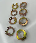 Spindle nut retainers, 8 pieces, iridescent metal finish for EZ-Lube jam nut 2-8K Dexter axle (front view)