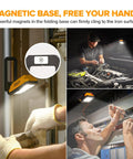 Rechargeable 1000 Lumen LED Magnetic Work Light With 360 Degree Rotation And 200 Degree Swivel Magnetic Base And Hanging Hook Ideal For Car Repair Emergency And Camping Orange being used in various repair scenarios with strong magnetic base.