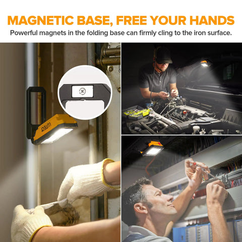Rechargeable 1000 Lumen LED Magnetic Work Light With 360 Degree Rotation And 200 Degree Swivel Magnetic Base And Hanging Hook Ideal For Car Repair Emergency And Camping Orange being used in various repair scenarios with strong magnetic base.