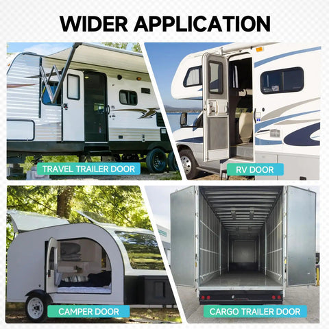 Silent Snap RV Door Holder Noiseless Latch for Camper and Cargo Trailer Doors, 2 Pack 6 Inch, shown on different vehicles