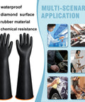 Long 22 Inch Chemical Resistant Gloves For Tough Jobs Heavy Duty Rubber Waterproof Dishwashing Gloves For Men Forearm Protection Against Strong Acids Alkalis Oils XL Size shown with multi-scenario application graphics.