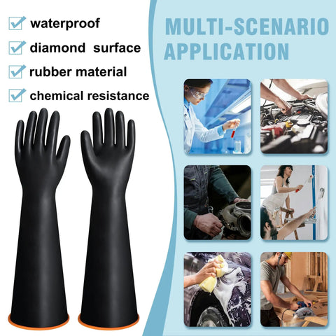 Long 22 Inch Chemical Resistant Gloves For Tough Jobs Heavy Duty Rubber Waterproof Dishwashing Gloves For Men Forearm Protection Against Strong Acids Alkalis Oils XL Size shown with multi-scenario application graphics.