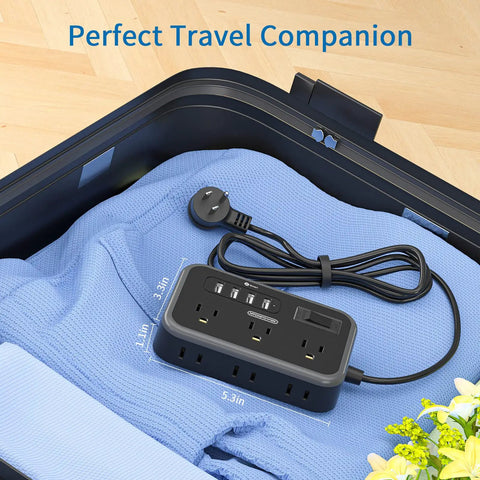 2 Pack 6 Outlet Power Strip With Four USB Ports And Flat Plug Five Foot Extension Cord Overload Protection in suitcase