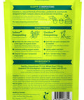 Back of Compost Starter And Odor Reducer Pack That Converts Kitchen Scraps And Yard Waste Into Fertile Humus For All Composting Systems Stops Odors At The Source Includes Four Packets In One Easy No Fuss Package showing composting directions and ingredients.