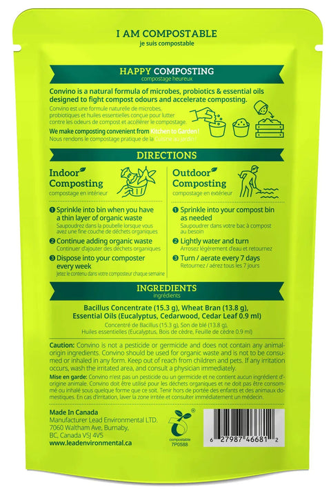 Back of Compost Starter And Odor Reducer Pack That Converts Kitchen Scraps And Yard Waste Into Fertile Humus For All Composting Systems Stops Odors At The Source Includes Four Packets In One Easy No Fuss Package showing composting directions and ingredients.