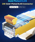 Close-up of a 24K gold-plated RJ45 connector for Ultra Fast Cat8 Ethernet Cable 3ft Flat Shielded STP RJ45 For Router Modem Gaming.