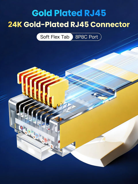 Close-up of a 24K gold-plated RJ45 connector for Ultra Fast Cat8 Ethernet Cable 3ft Flat Shielded STP RJ45 For Router Modem Gaming.