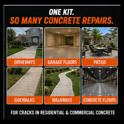Fast Cure Urethane Concrete Crack Repair Kit For Driveways Garages And Patios Heavy Duty Two Part Mix shown for various surfaces like driveways.