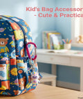 Kid's backpack with 12 Pack Carabiner Keychain Clips 3 Inch Aluminum D Ring Nonlocking Hooks Multicolor Snap Clips attached