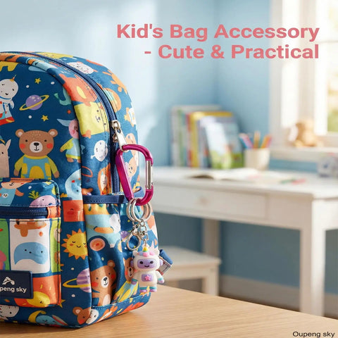 Kid's backpack with 12 Pack Carabiner Keychain Clips 3 Inch Aluminum D Ring Nonlocking Hooks Multicolor Snap Clips attached