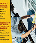 Yellow Composite Caulk Gun For 10 Oz Cartridges No Drip Quick Retracting Mechanism in use on siding by a pro painter