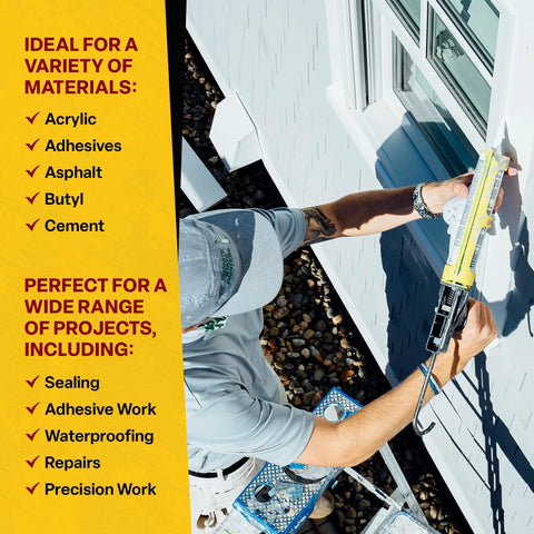 Yellow Composite Caulk Gun For 10 Oz Cartridges No Drip Quick Retracting Mechanism in use on siding by a pro painter