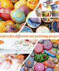 Collage showing colored eggs, painted mugs, wood discs, canvas, fabric art, and decorated stones for painting projects.