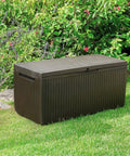 Springwood 80 Gallon Resin Outdoor Storage Box for Patio Cushions, Pool Toys, and Garden Tools with Heavy Duty Handles, All Weather Construction, Wood Like Texture, Brown in garden